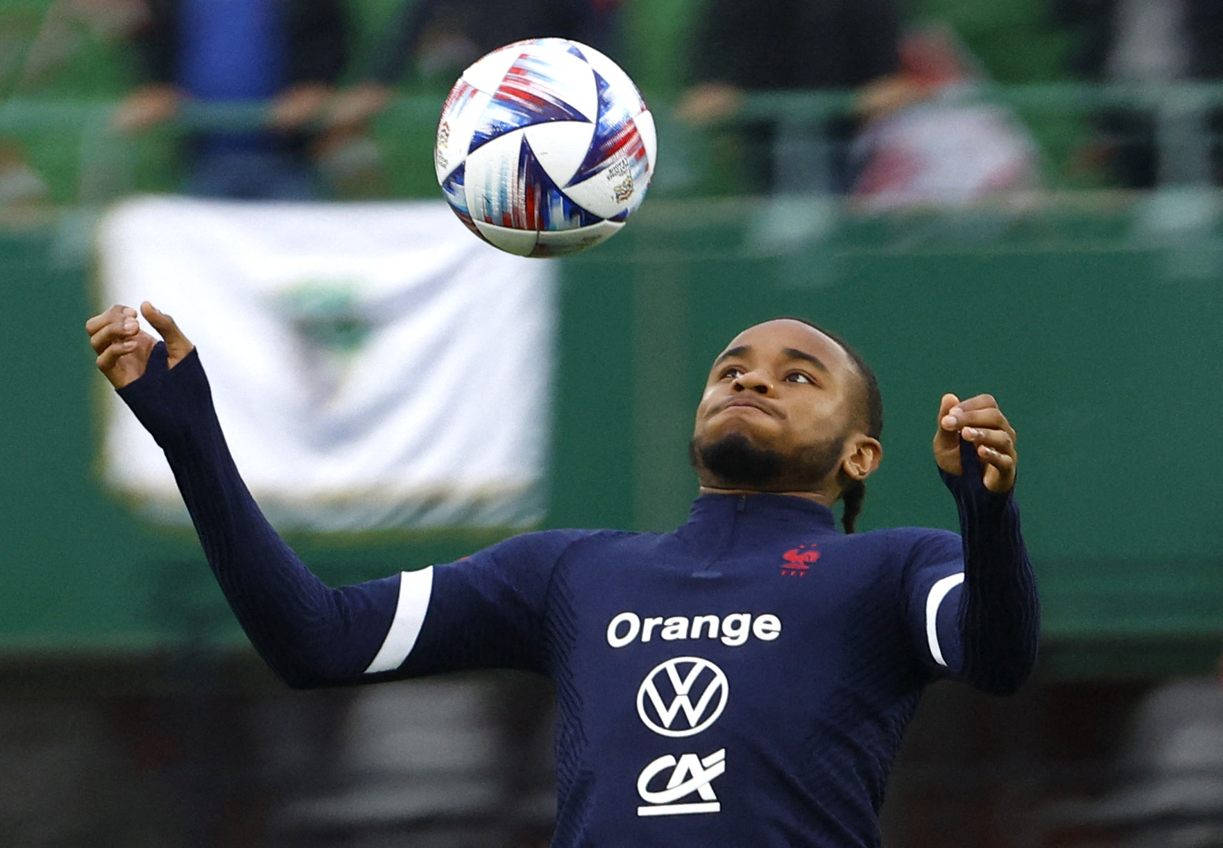 RB-Leipzig-attacker-Christopher-Nkunku-warming-up-for-France-before-Austria