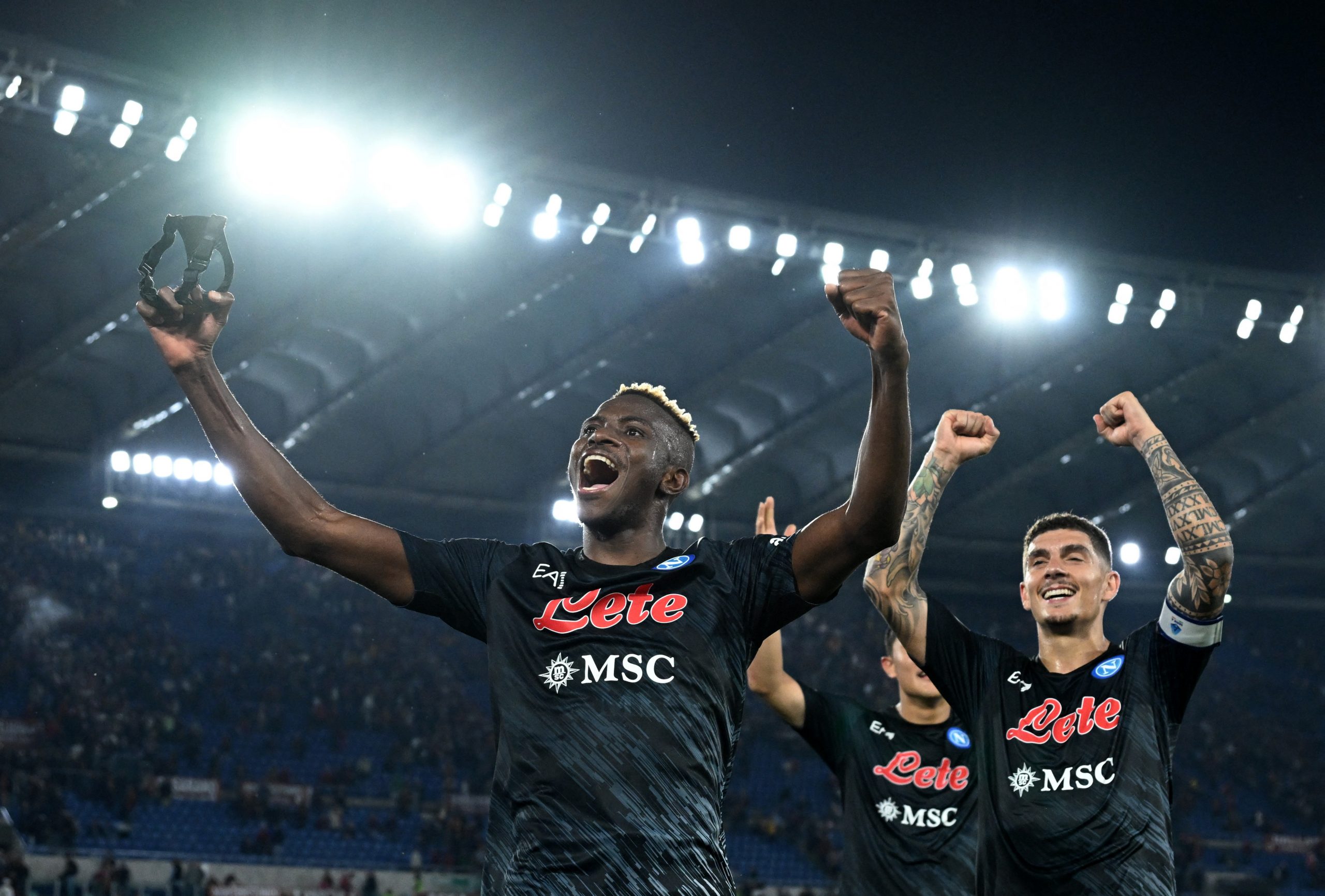 Napoli's Victor Osimhen and Giovanni Di Lorenzo celebrate after the match