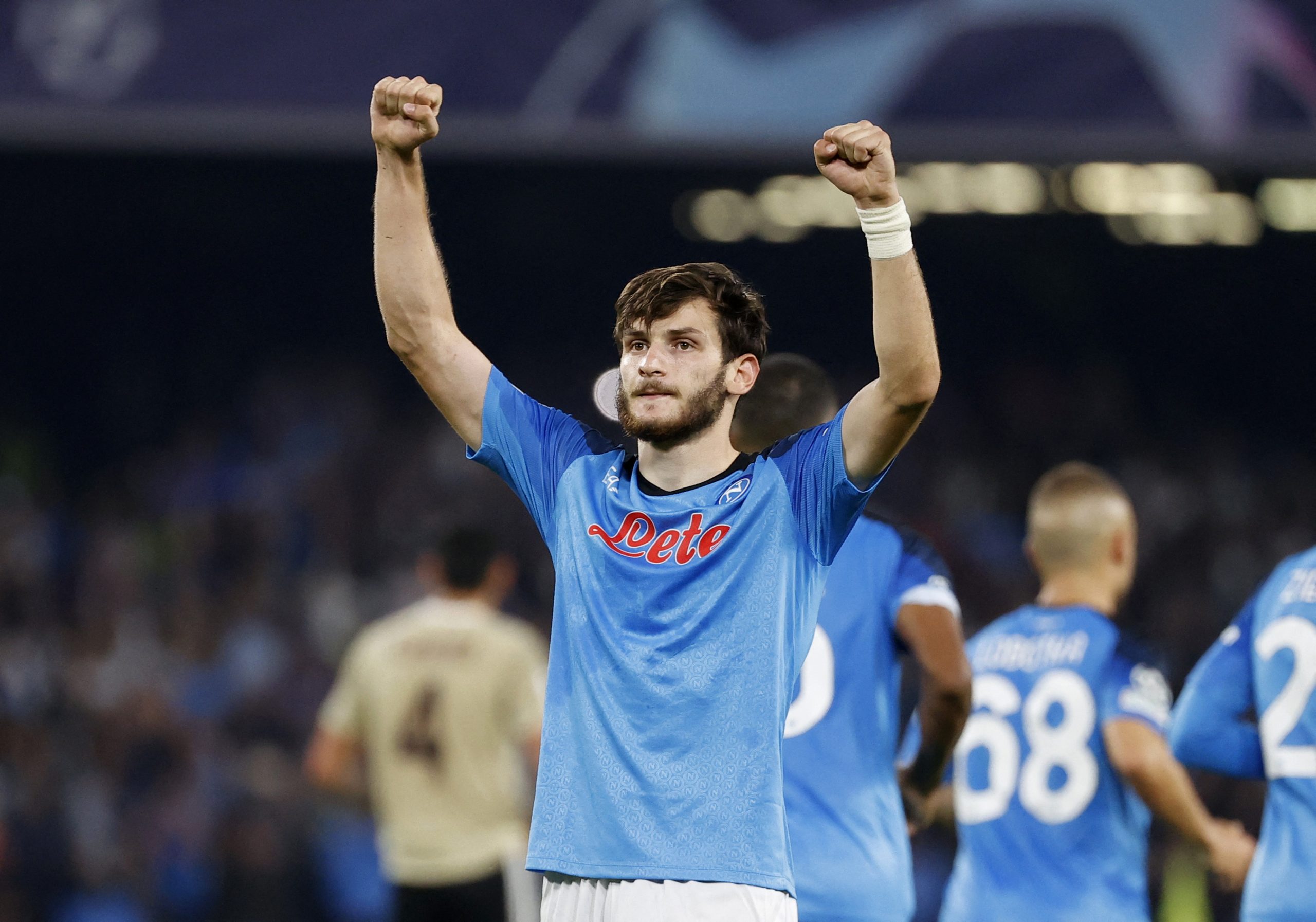 Napoli's Khvicha Kvaratskhelia celebrates scoring their third goal
